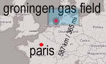 kaart van groningen gas field met parijs aangegeven. Afstand: 587 km / 365 mi